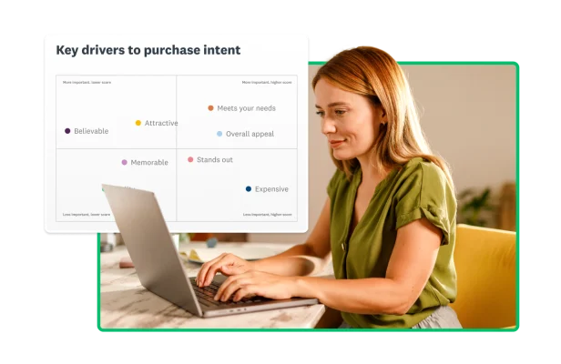 Woman typing on laptop next to screenshot of chart showing key drivers to purchase intent