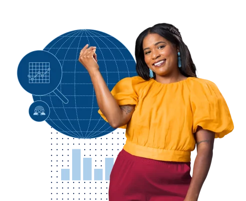 Een persoon die met de vingers knipt met op de achtergrond een pictogram van een wereldbol