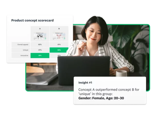 Woman working on laptop, next to screenshot of product concept scorecard, and insight stating that concept A outperformed concept B for females age 20-30