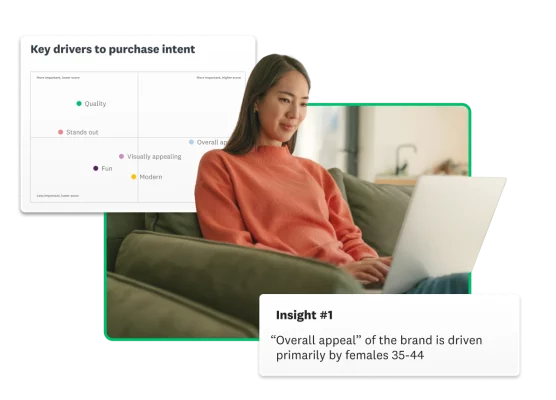 Woman typing on laptop, next to chart showing key drivers to purchase intent, and insight saying that overall appeal of brand is driven by females 35-44