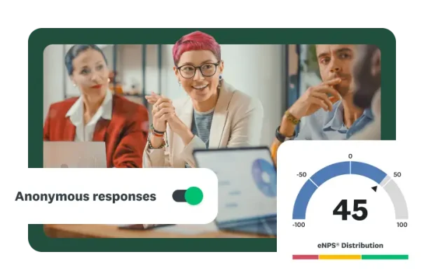 three people sitting at desk with enps score graphic