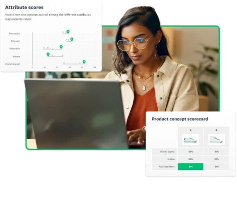 Woman working on laptop next to screenshots of SurveyMonkey market research solutions, such as a product concept scorecard