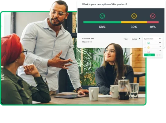People sitting around a table talking, with screenshot of SurveyMonkey survey response results
