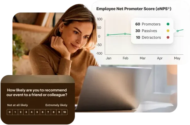 Woman at a laptop using SurveyMonkey to build an NPS survey and view an eNPS trend chart