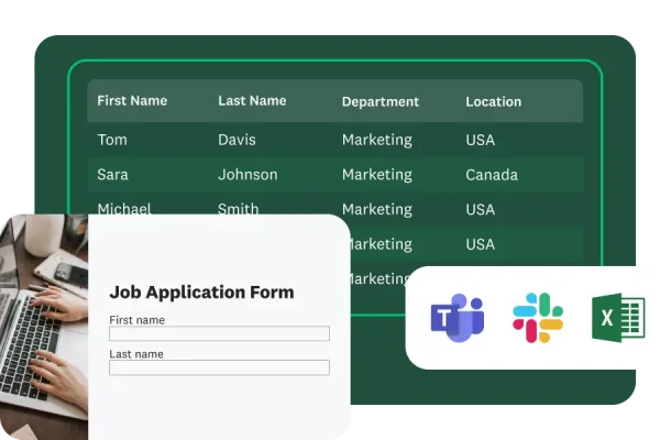 A "Job Application Form" is shown next to a table with applicant names, departments, and locations. Below are logos for Microsoft Teams, Slack, and Excel.