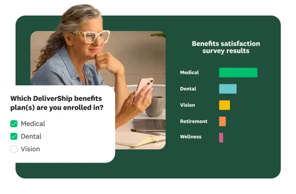 A woman looks at her phone. An overlay shows a survey question asking which benefits a person is enrolled in. To the right is a bar chart showing "Benefits satisfaction survey results" for "Medical," "Dental," "Vision," "Retirement," and "Wellness."