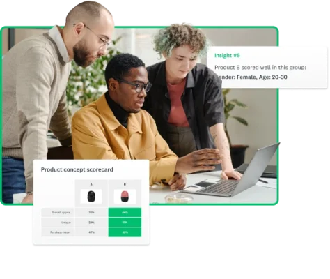 Three people looking at a laptop screen, next to screenshots of product concept scorecard and survey results insights