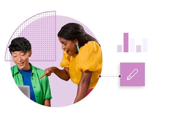 Une personne assise en train de regarder un ordinateur portable, avec une femme montrant l’écran du doigt à ses côtés et des icônes représentant un graphique à barres et un crayon sur leur droite