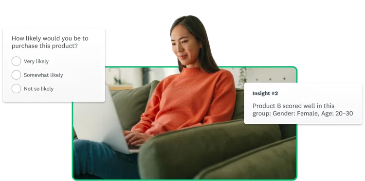 Woman with open laptop in lap, with screenshots of survey questions next to her