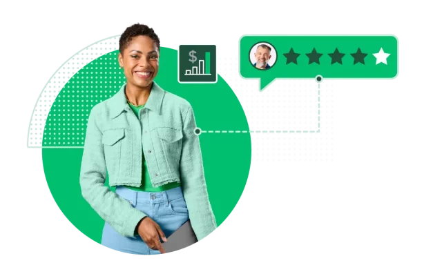 Smiling woman next to 4 star rating