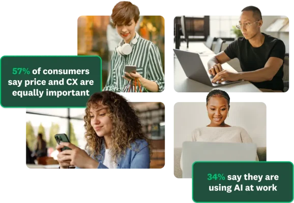 Photos of various people on laptops or phones, next to statistics saying 57% of consumers say price and CX are equally important, and 34% say that they are using AI at work