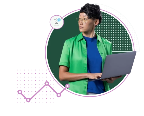 Person looking pensive and holding open laptop, with line graph next to them