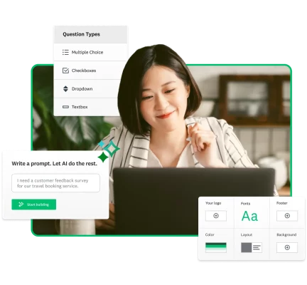Smiling woman looking at laptop screen next to various screenshots from SurveyMonkey