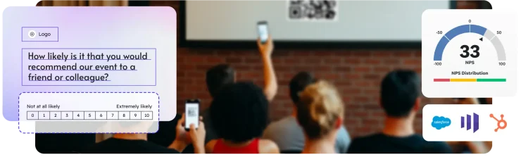Room with a projector screen showing a QR code and people holding their phones to take a photo, next to an event NPS score of 33, various company logos like Salesforce and HubSpot, and a screenshot of an survey question asking how likely is it you would recommend the event to a friend