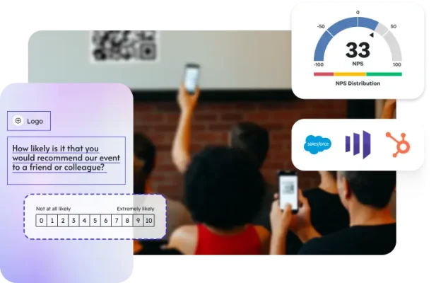 Room with a projector screen showing a QR code and people holding their phones to take a photo, next to an event NPS score of 33, various company logos like Salesforce and HubSpot, and a screenshot of an survey question asking how likely is it you would recommend the event to a friend