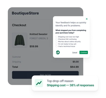 GetFeedback cart abandonment survey overlay on an e-commerce checkout page highlighting shipping cost as the top drop-off reason at 38%