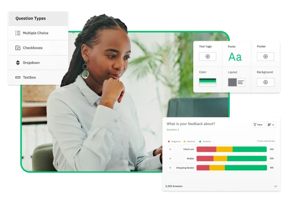 Woman working on laptop, next to screenshots of various SurveyMonkey features, such as survey customization tools and selection of question types