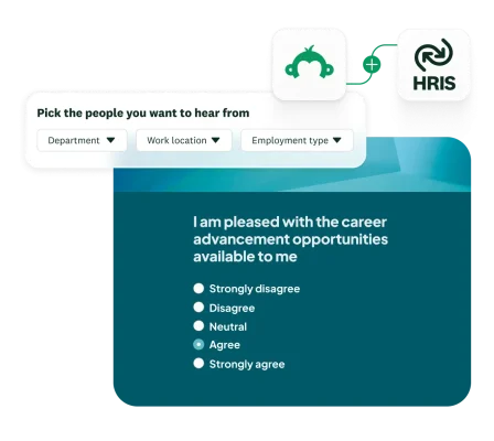 SurveyMonkey HRIS integration dashboard preview showing survey scores and employee feedback metrics