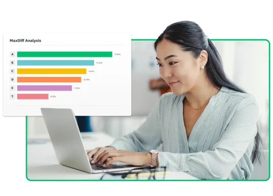 Woman typing on a laptop, next to screenshot of bar graph showing MaxDiff analysis results