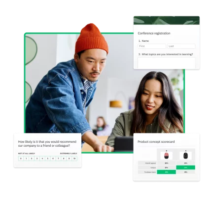 Two people looking at a laptop screen together, next to screenshots of various features in SurveyMonkey