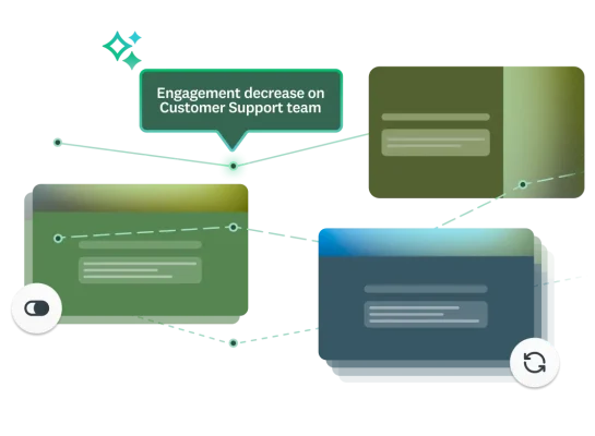 Lines connecting surveys, with insight that says engagement decrease on customer support team