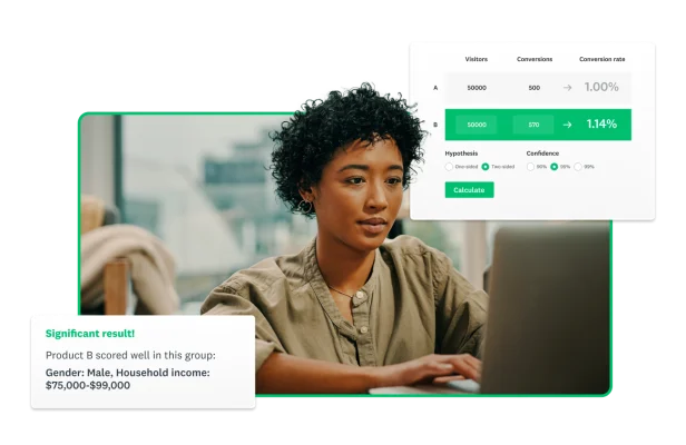 Woman typing on computer, next to screenshots of margin of error calculator and insights