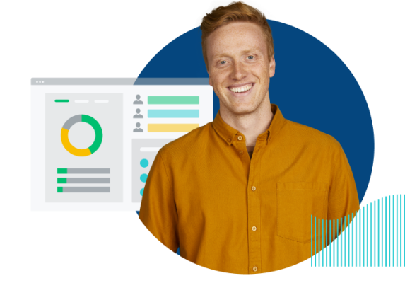 Uomo sorridente con la schermata di un grafico circolare e barre colorate sullo sfondo