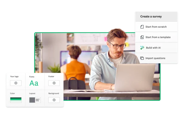 Man working on laptop, next to screenshots of survey creation on SurveyMonkey