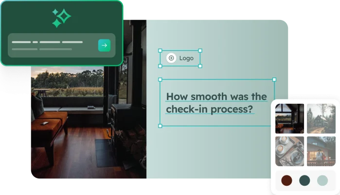 Interface showing AI survey creation with a text prompt box and purchase likelihood question.