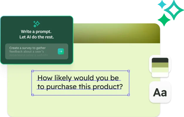 A screen showing an AI prompt box with the text, "Write a prompt. Let AI do the rest." next to a survey question about purchase likelihood and design tools for color and font.