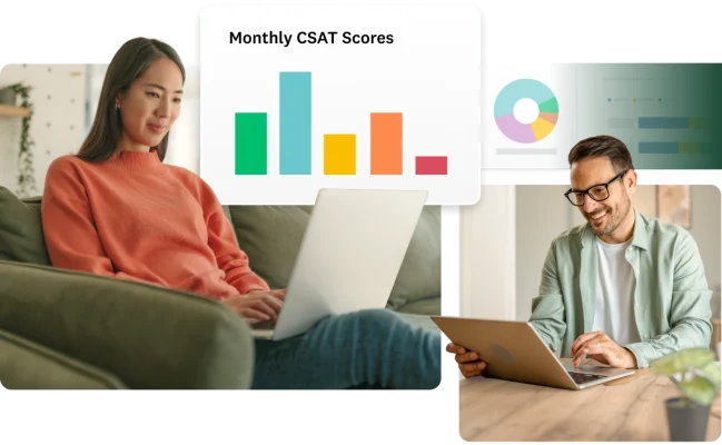 A screen showing an AI prompt box with the text, "Write a prompt. Let AI do the rest." next to a survey question about purchase likelihood and design tools for color and font.