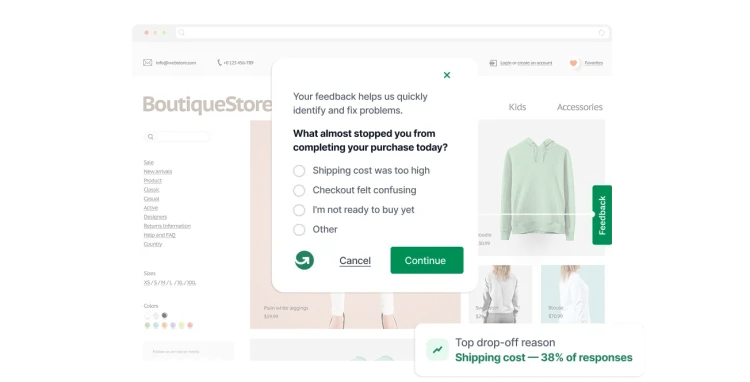 GetFeedback modal on a clothing store website, asking the user to provide feedback on their experience, asking a question about what almost stopped them from completing their purchase today - and an insight that says top drop-off reason was shipping cost, 38% of responses