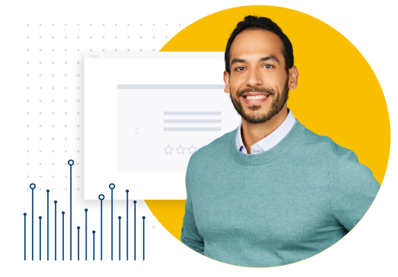 Man smiling with image of 5 star rating in background