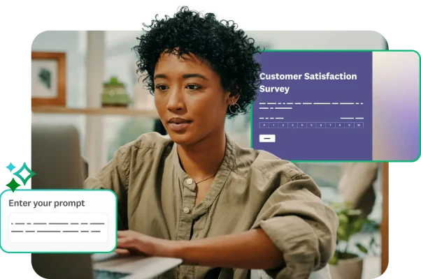 Woman typing on laptop, with screenshots of SurveyMonkey AI asking user to enter in prompt, and screenshot of customer satisfaction survey template