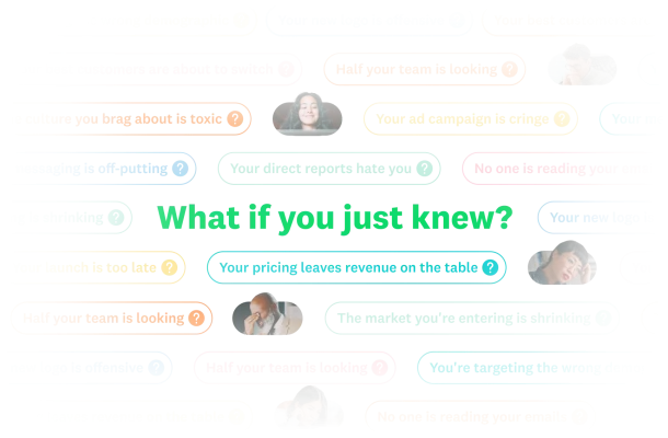 Text bubbles saying various things: What if you just knew, Your best customers are about to switch, Your direct reports hate you, Half your team is looking