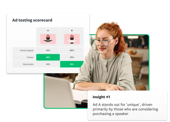 Woman working on computer next to screenshot of SurveyMonkey ad testing scorecard