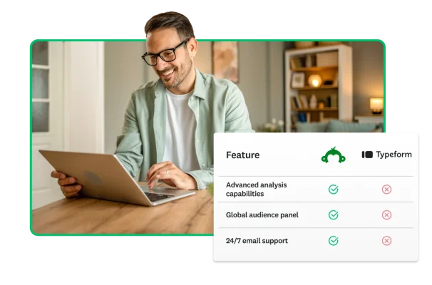Man typing on laptop, next to comparison table showing features that SurveyMonkey has over Typeform, including a global audience panel and advanced analytics capabilities