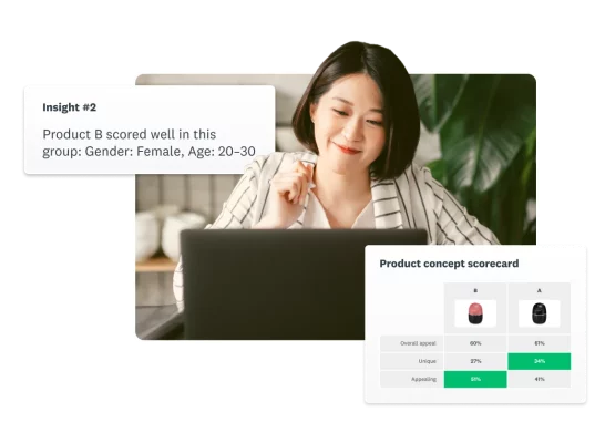 Woman looking at laptop screen, next to screenshots of SurveyMonkey concept testing solution and insights