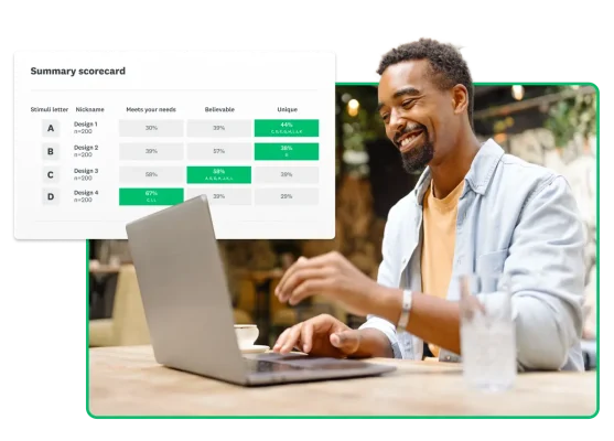 Smiling man working on laptop, next to screenshot of a summary scorecard table, showing results from a comparison of 4 different ideas