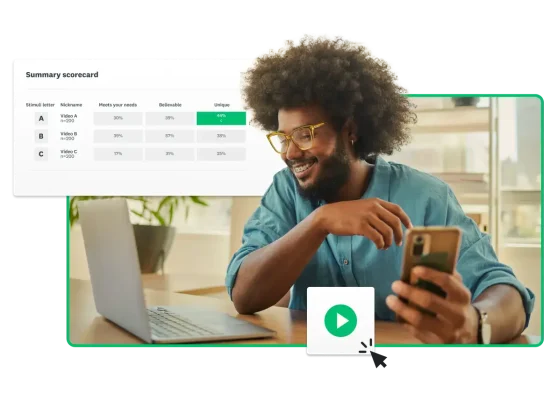 Smiling person looking at laptop while holding phone, next to screenshot of summary scorecard table showing results of testing 3 different videos