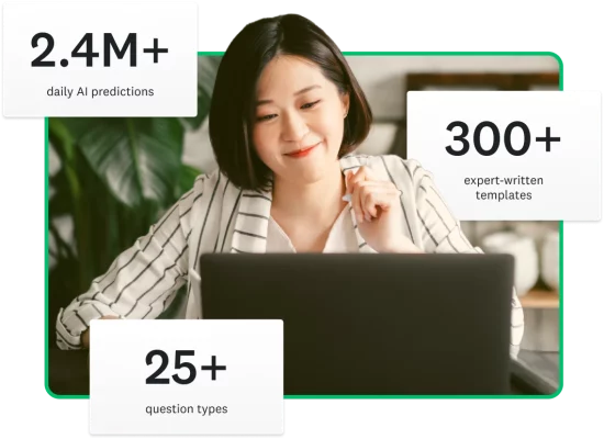 Woman working on computer next to stats about SurveyMonkey having 300+ expert-written survey templates and 2.4M+ AI predictions daily