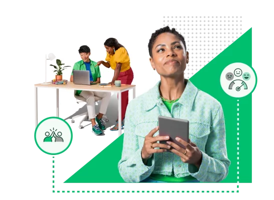 Mulher segurando tablet com olhar pensativo ao lado de duas pessoas olhando para um laptop em uma mesa