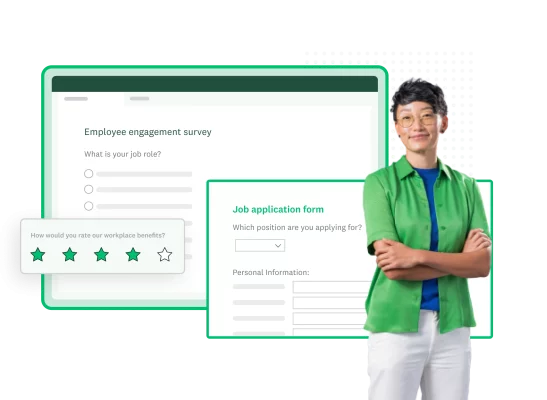 Smiling person standing next to screenshots of SurveyMonkey job application form template and employee engagement survey template