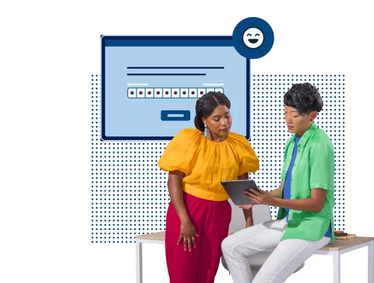 To personer som ser på et nettbrett sammen, ved siden av et skjermbilde av et Likert-skala-spørsmål fra SurveyMonkey