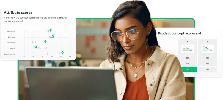 Woman working on laptop next to screenshots of SurveyMonkey market research solutions, such as a product concept scorecard