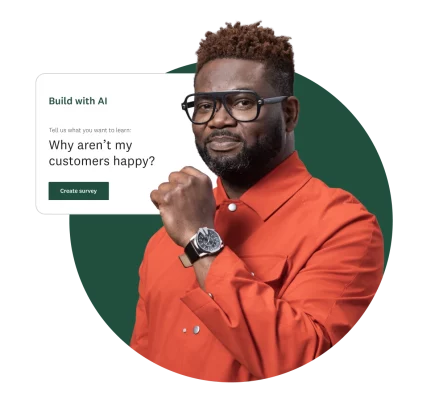 Man with fist pumped next to question about why aren't customers happy