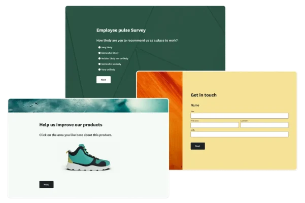 Image of three different surveys, including an employee pulse survey, a contact form, and product feedback, all created with SurveyMonkey
