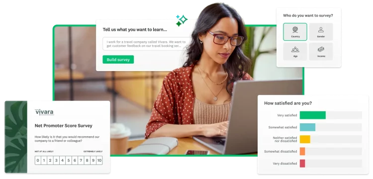 Woman working on laptop, surrounded by various screenshots from SurveyMonkey, including survey creation, AI insights, and analytics