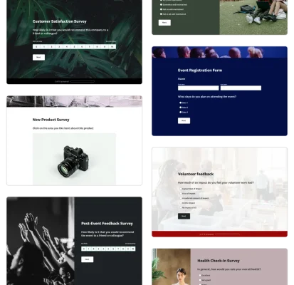 Images of various SurveyMonkey survey templates, such as customer satisfacation survey, volunteer feedback survey, new product survey