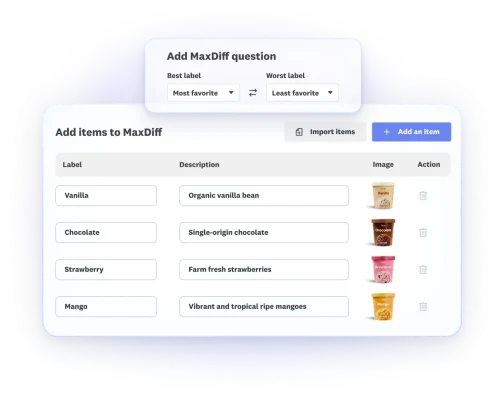Screenshots of steps from Feature Prioritization solution, including adding MaxDiff questions, and ability to add different items